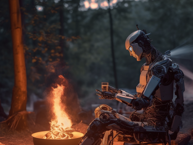 AI sitting at campfire